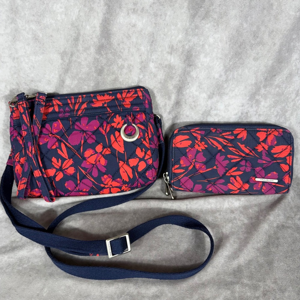 Travelon RFID Blocking Quilted Floral Crossbody Bag & Wallet Set Navy Pink‎ NWOT
